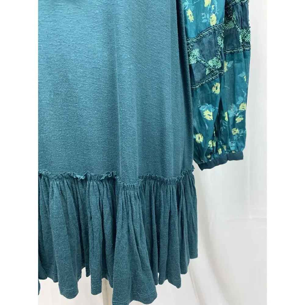 Free People Mix It Up Tunic Dress Balloon Sleeve Teal Blue Green Size S BNWT